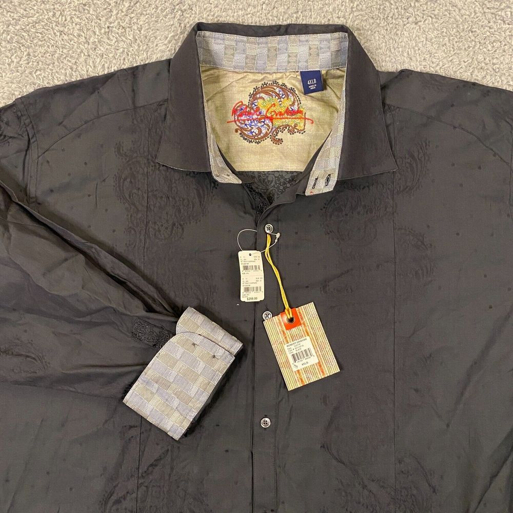 $298 Robert Graham Shirt 4XB‎ Big Flip Cuff Embroidered Silk Gustaf Black NEW